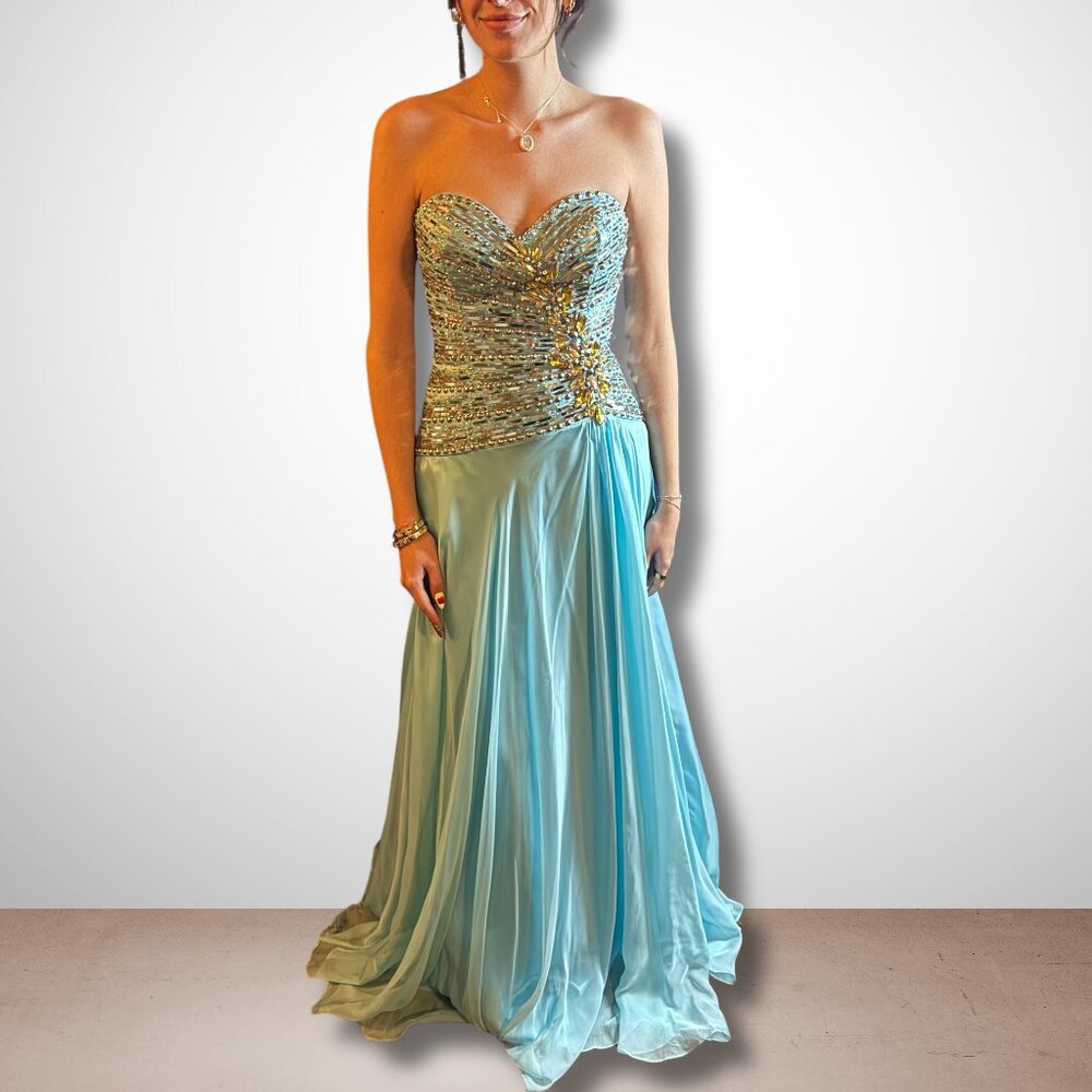 Tony Bowls Strapless Aqua Beaded Evening Gown original size 6, altered to size 4